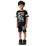 Black Cotton Printed T-Shirt & Shorts Set for kids - Stylish & Comfortable Outfit