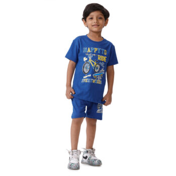 Blue Cotton Printed T-Shirt and Shorts Set - Stylish Casual Clothing for Kids