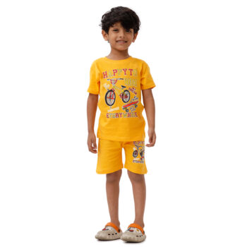 Yellow Cotton Printed T-Shirt and Shorts Set - Stylish Casual Clothing for Kids