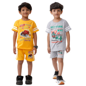 Kids Combo Pack: Yellow T-Shirt & Shorts + Grey T-Shirt & Shorts Set