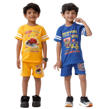 Kids Combo Pack: Yellow T-Shirt & Shorts + Blue T-Shirt & Shorts Set